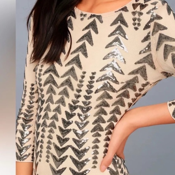 Lulu's Shine On Me Nude and Gunmetal Sequin Bodycon Mini Dress SZ S - Picture 3 of 11